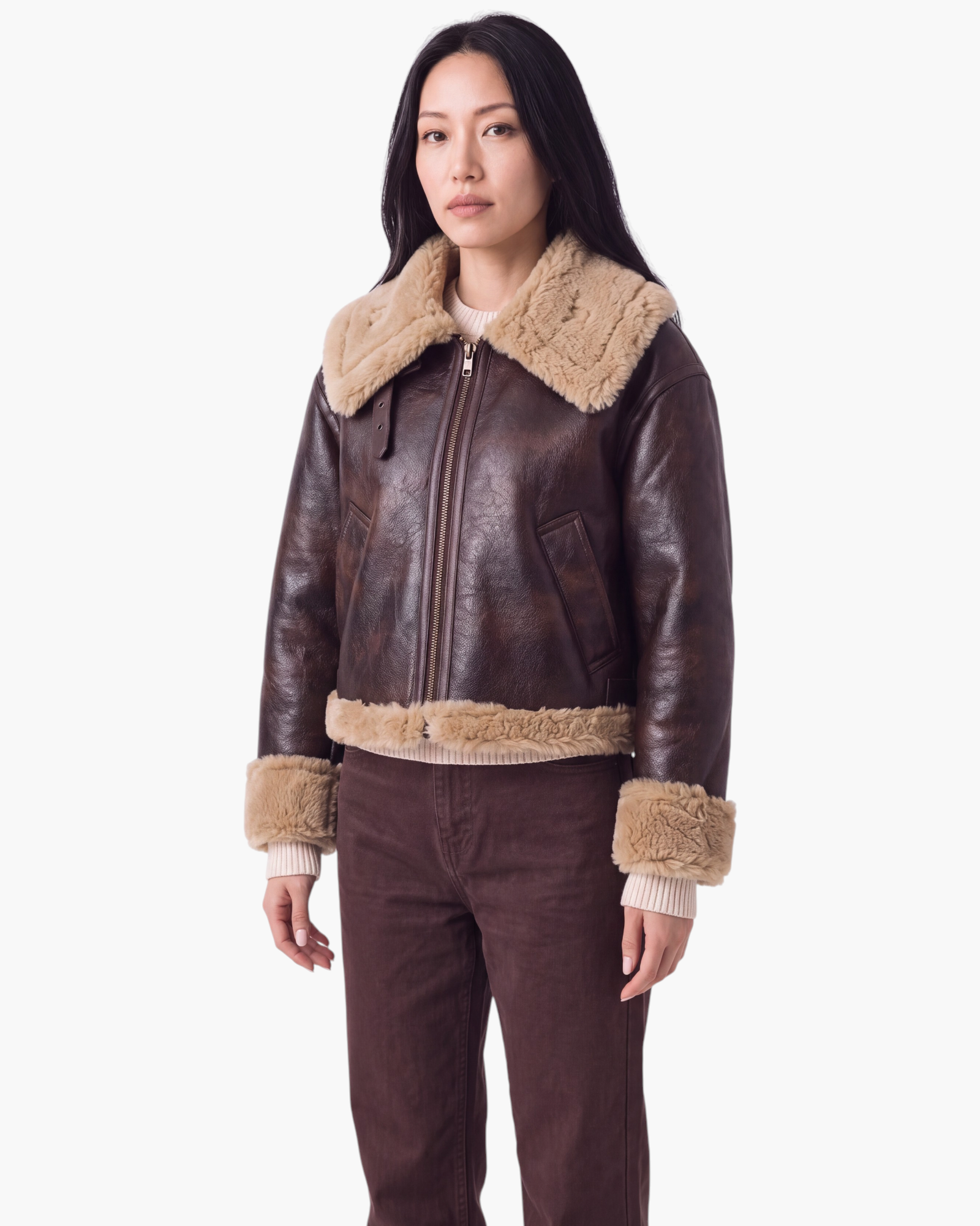 Beach Rose Co. brown faux leather aviator jacket with tan faux shearling collar and cuffs on a model.