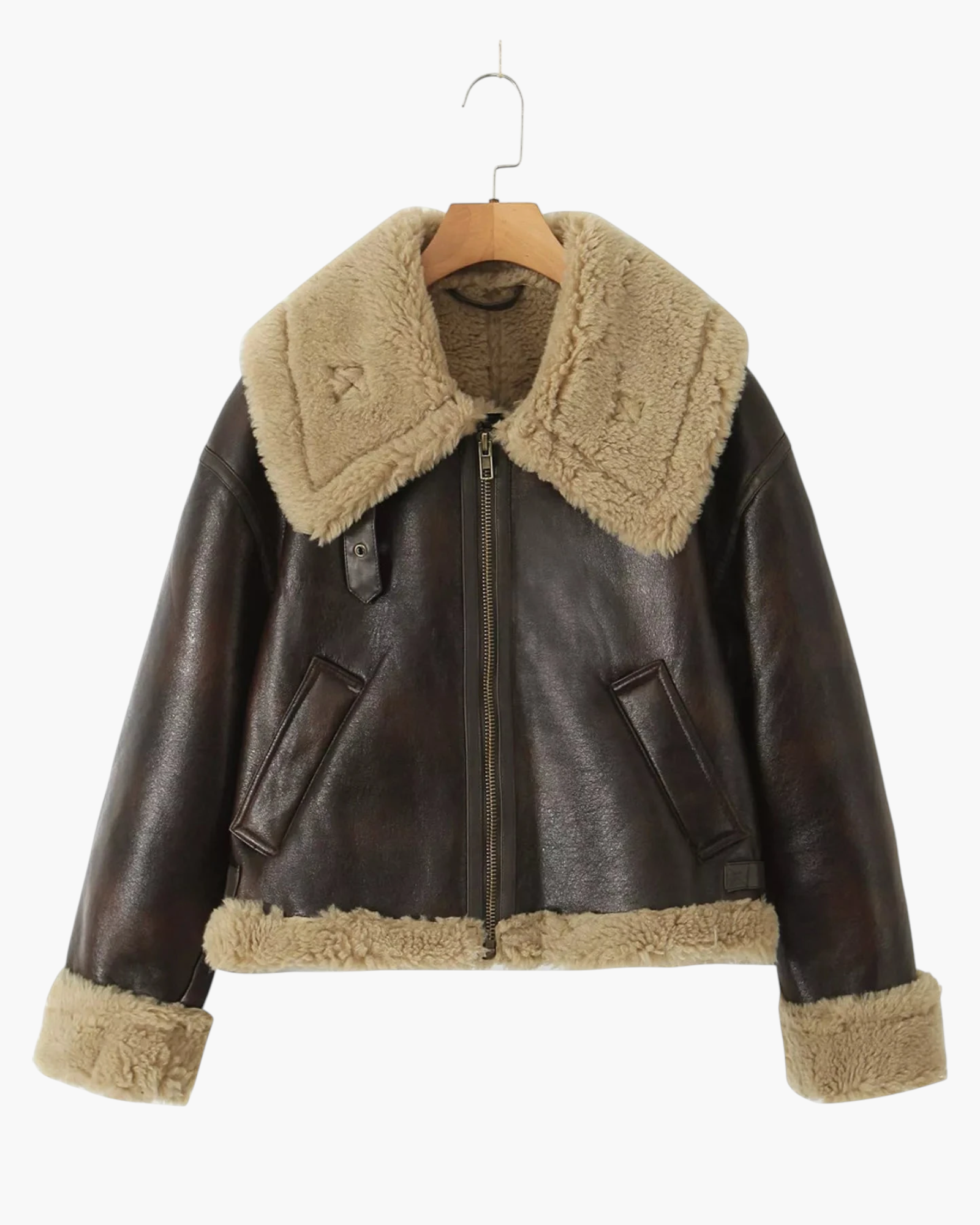 Beach Rose Co. brown faux leather aviator jacket with tan faux shearling collar, cuffs, and zip-front closure.