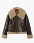 Beach Rose Co. brown faux leather aviator jacket with tan faux shearling collar, cuffs, and zip-front closure.