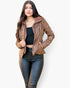 Beach Rose Co. brown faux leather hooded jacket worn by a model with a black top and black pants
