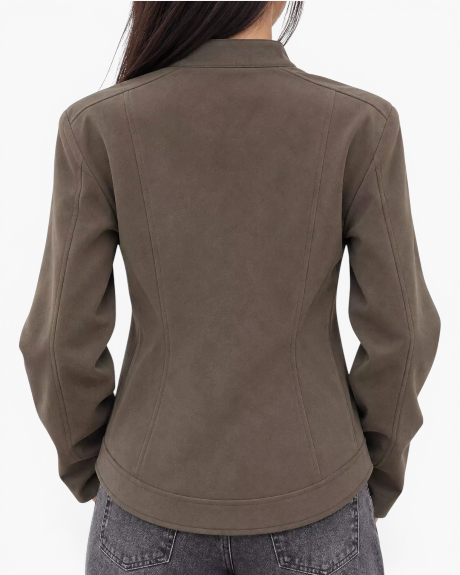 Beach Rose Co. brown faux leather moto jacket featuring a stand collar and shaped back seams, viewed from behind.