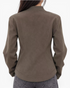 Beach Rose Co. brown faux leather moto jacket featuring a stand collar and shaped back seams, viewed from behind.