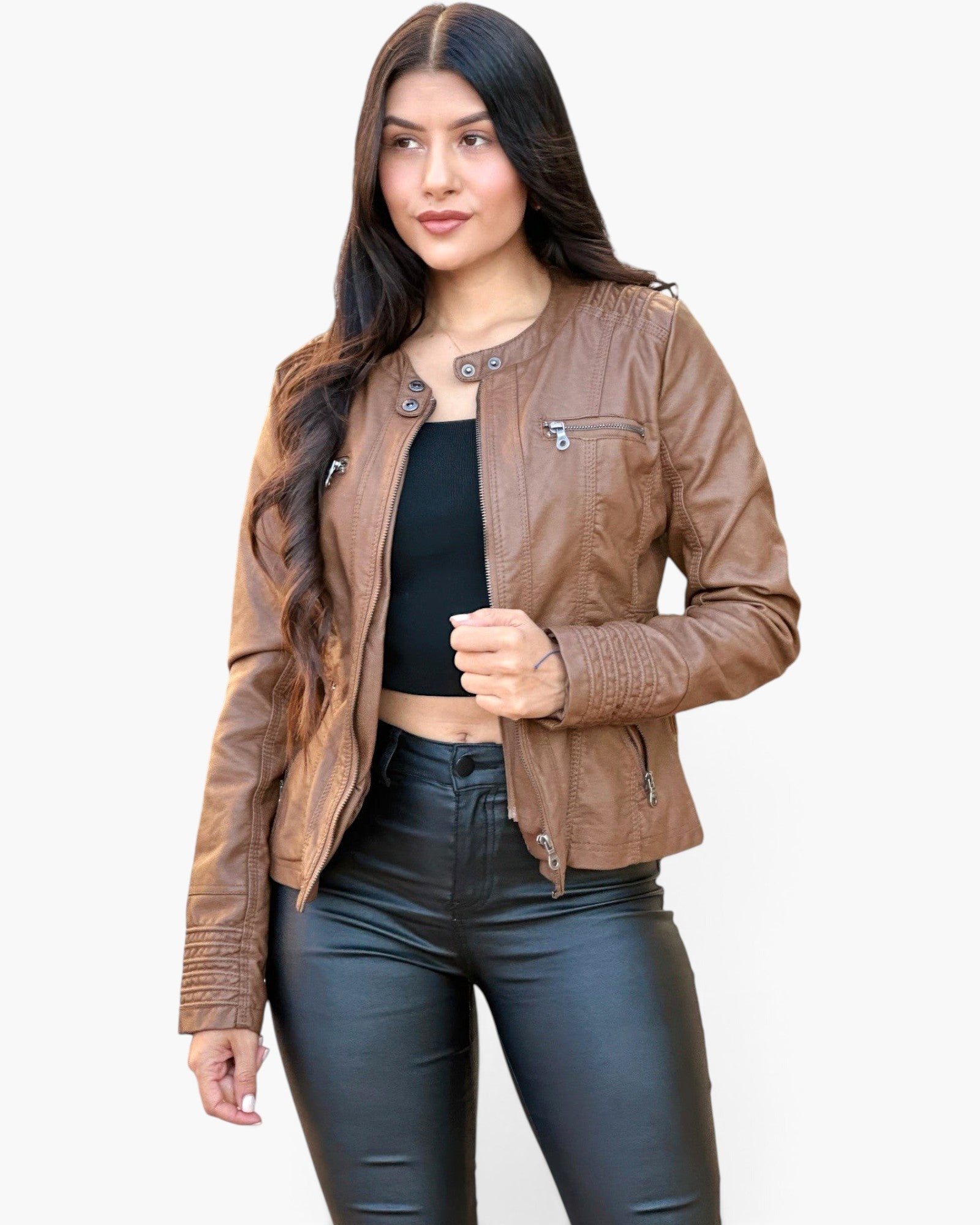 Beach Rose Co. brown faux leather jacket with zipper details worn by a woman with long dark hair
