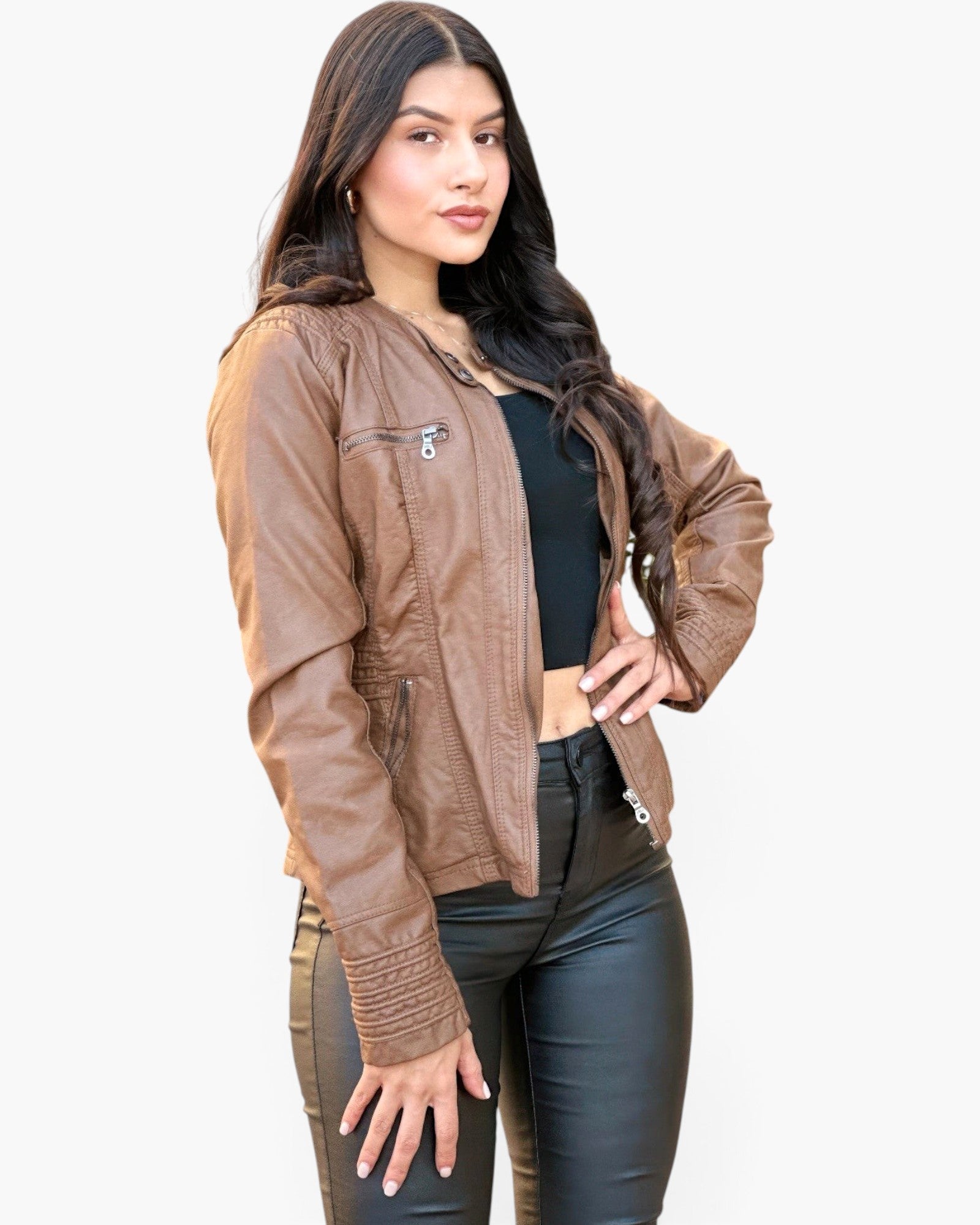 Beach Rose Co. brown faux leather jacket with zipper details worn by a woman with long dark hair