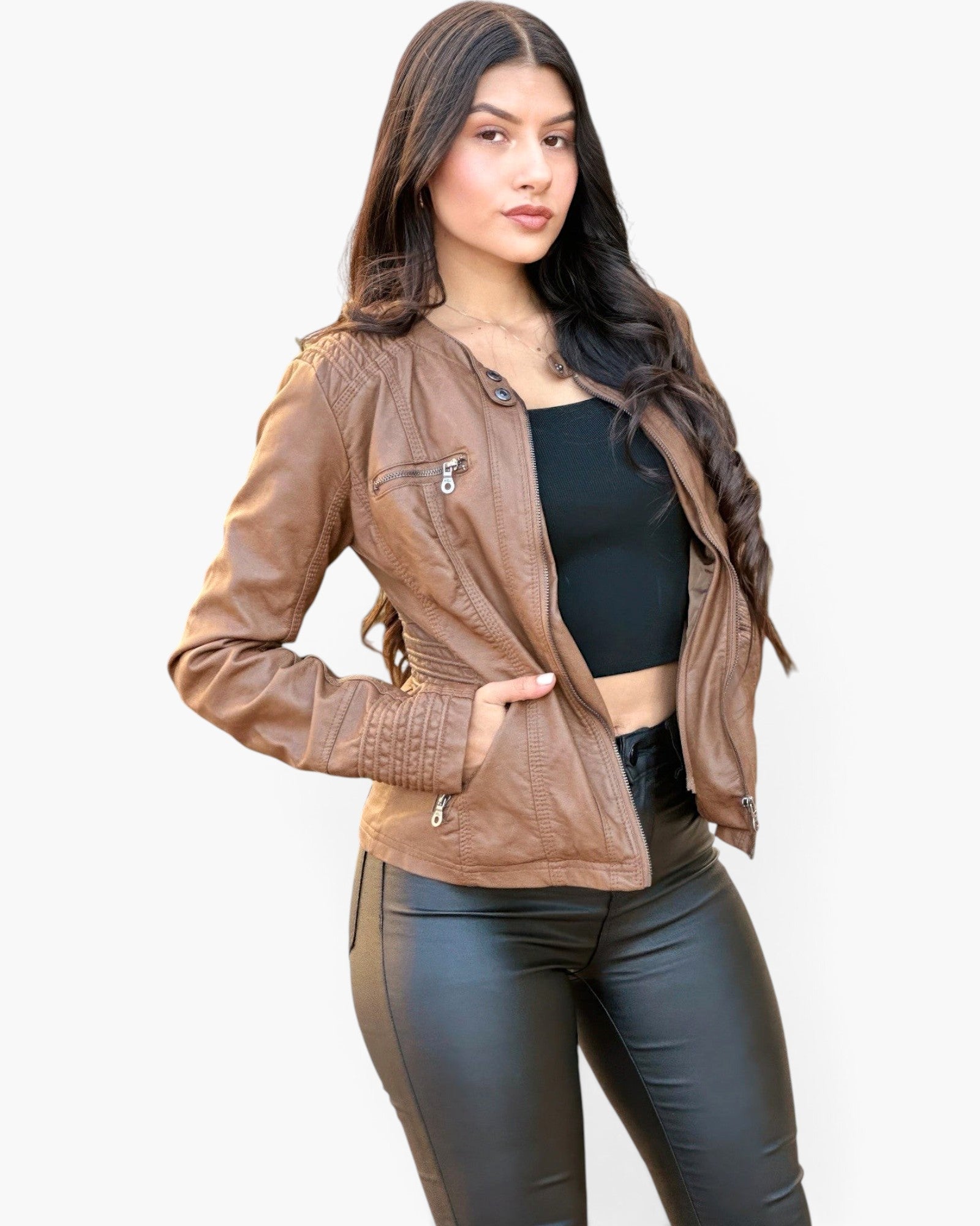 Beach Rose Co. brown faux leather jacket with zipper details worn by a woman with long dark hair