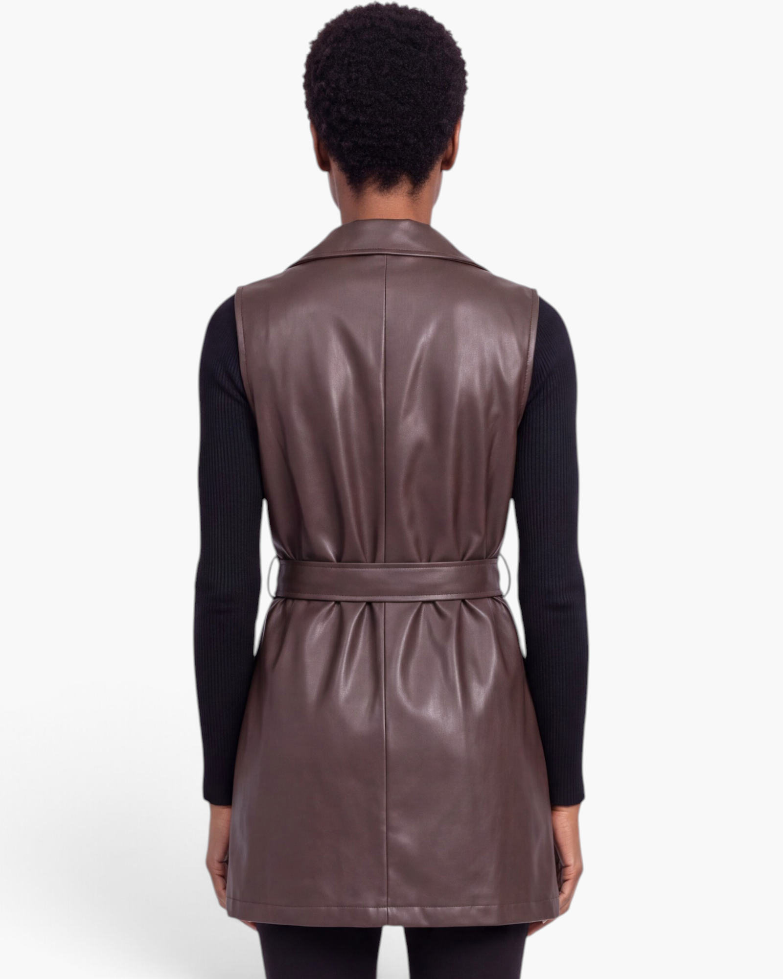 Beach Rose Co. brown faux leather longline vest with a belted waist and center back seam, viewed from the back.