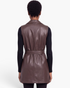 Beach Rose Co. brown faux leather longline vest with a belted waist and center back seam, viewed from the back.