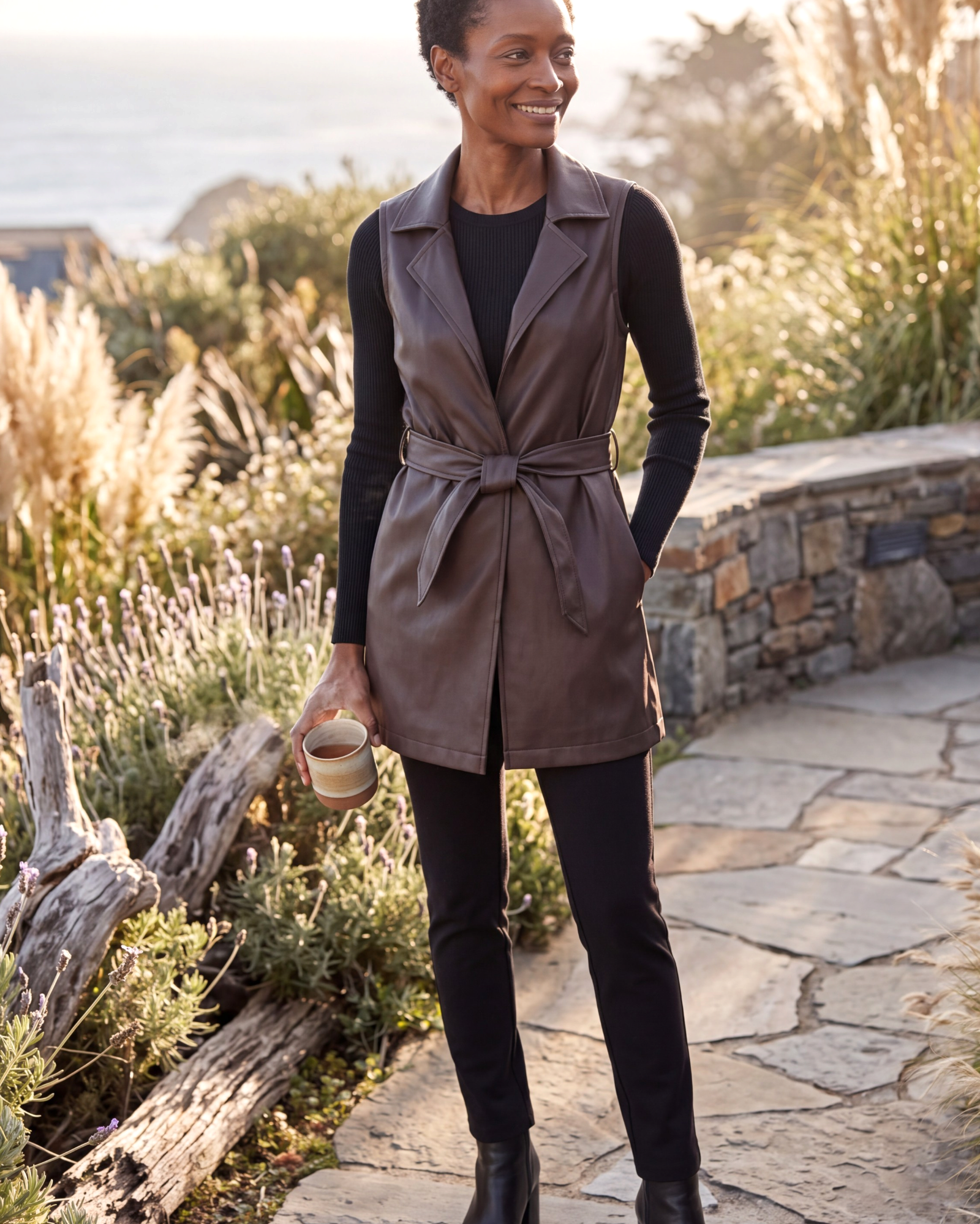 Beach Rose Co. brown faux leather longline vest with notched lapels and a matching waist tie belt.