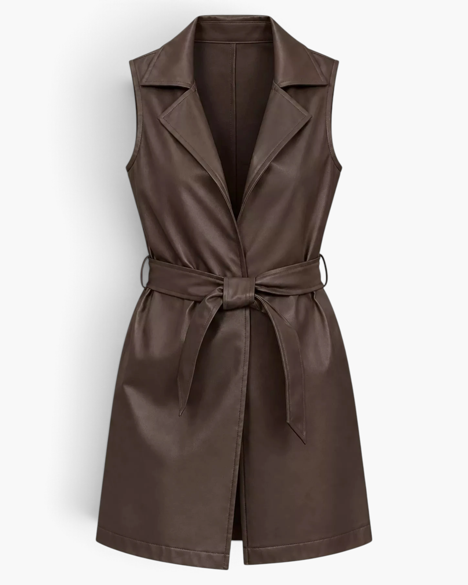 Beach Rose Co. brown faux leather longline vest with notched lapels and a matching waist tie belt.