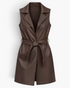 Beach Rose Co. brown faux leather longline vest with notched lapels and a matching waist tie belt.