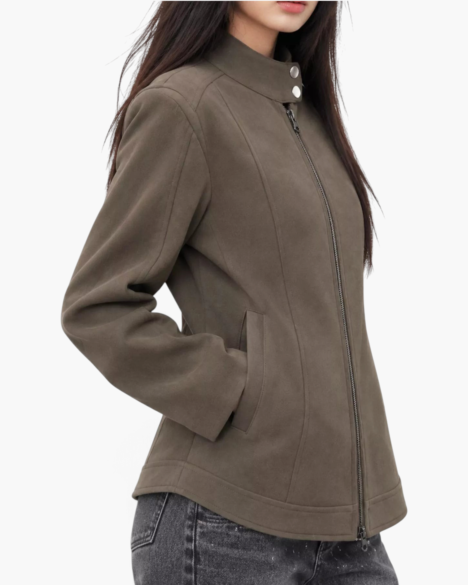 Beach Rose Co. brown faux leather moto jacket with a stand collar, zip front, and curved hem worn by a model.