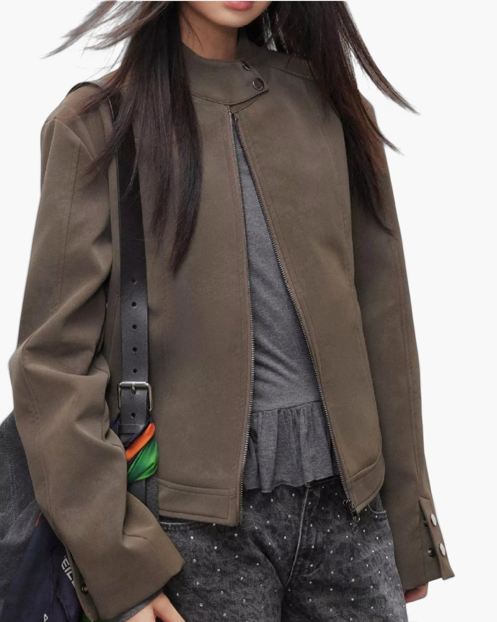 Beach Rose Co. brown faux leather moto jacket with a snap-tab stand collar and zip-front closure on a model