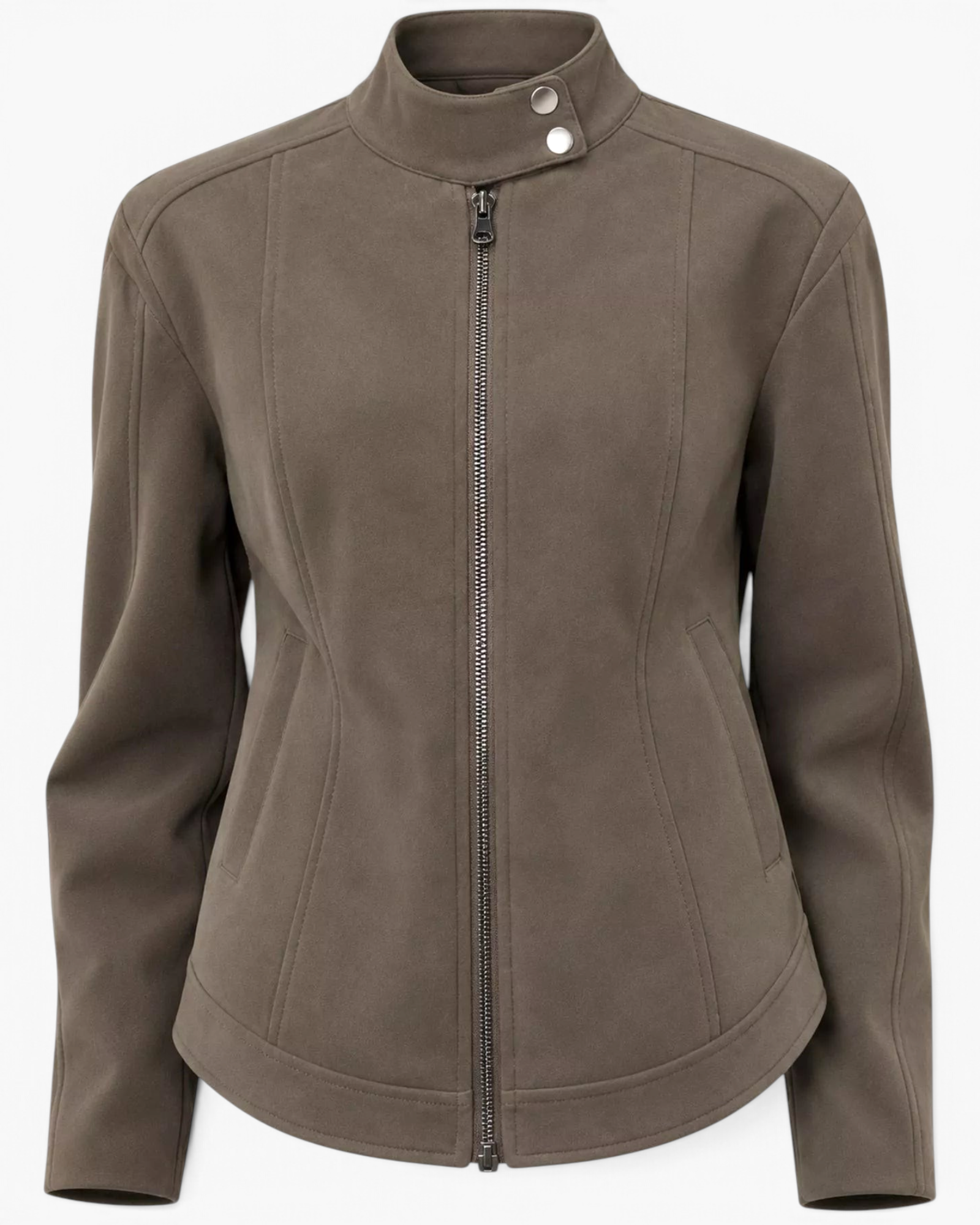 Beach Rose Co. brown faux leather moto jacket with a stand collar, zip-front, and curved seam detailing.