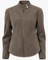 Beach Rose Co. brown faux leather moto jacket with a stand collar, zip-front, and curved seam detailing.
