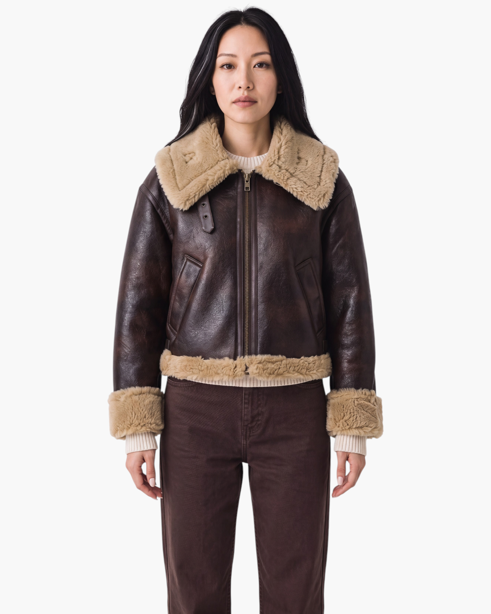 Beach Rose Co. brown faux leather aviator jacket with tan faux shearling collar, cuffs, and hem, zip-front closure.