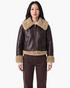 Beach Rose Co. brown faux leather aviator jacket with tan faux shearling collar, cuffs, and hem, zip-front closure.