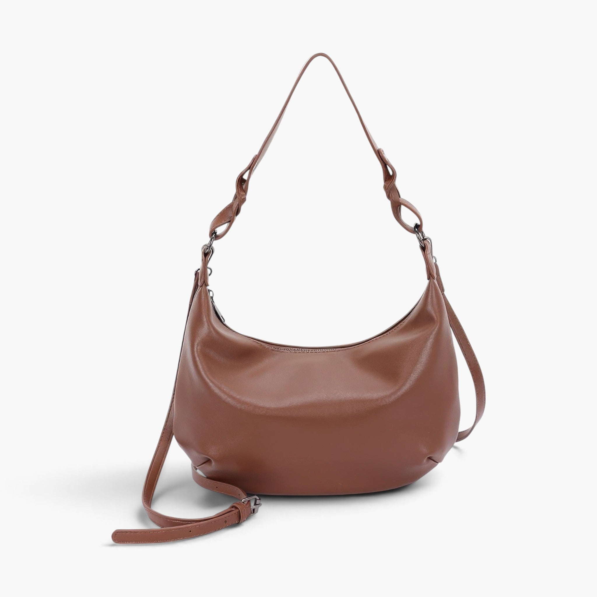 Beach Rose Co. brown faux leather shoulder bag with a unique strap design and mixed metal hardware details.