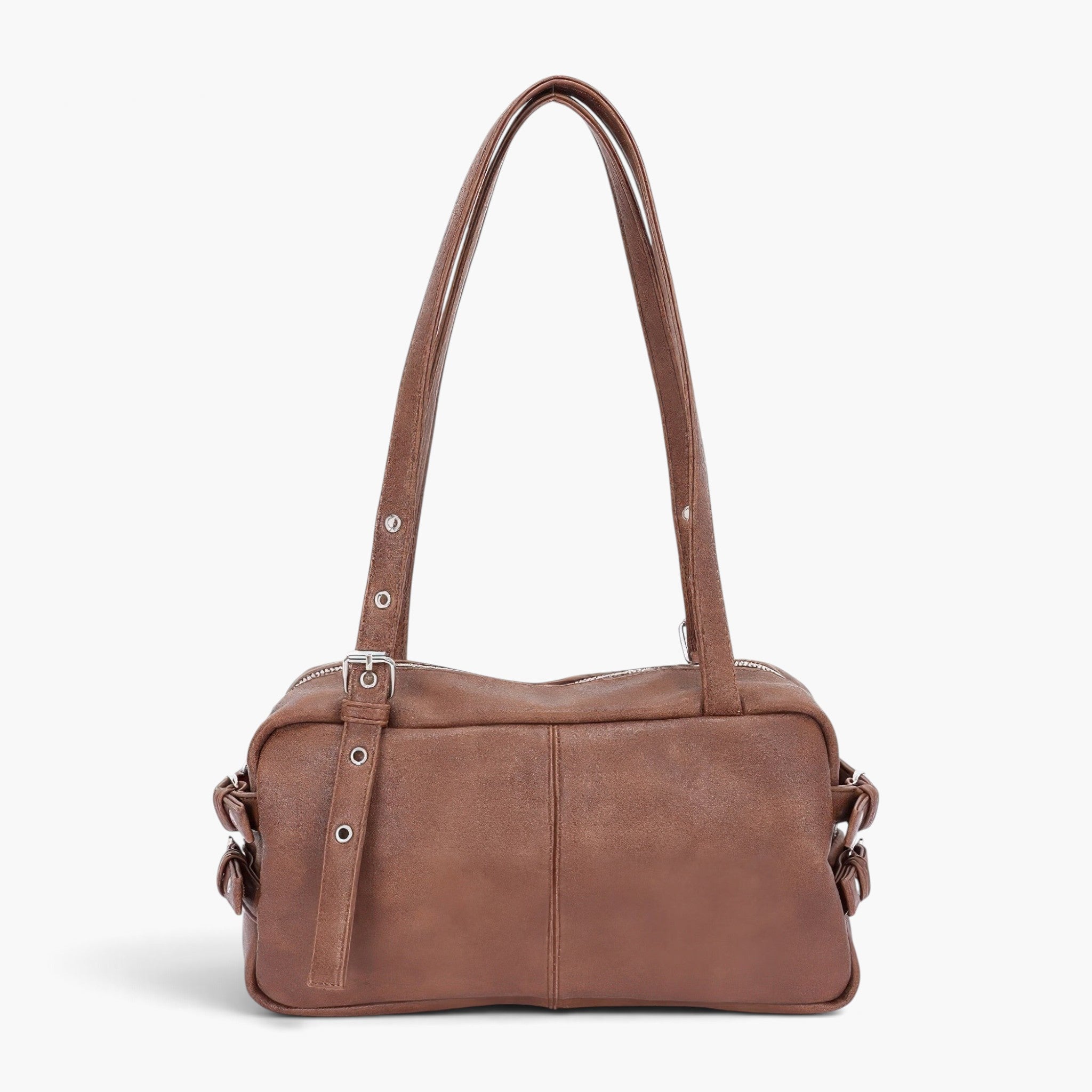Beach Rose Co. brown faux leather sport bag with dual handles and silver metal hardware details.