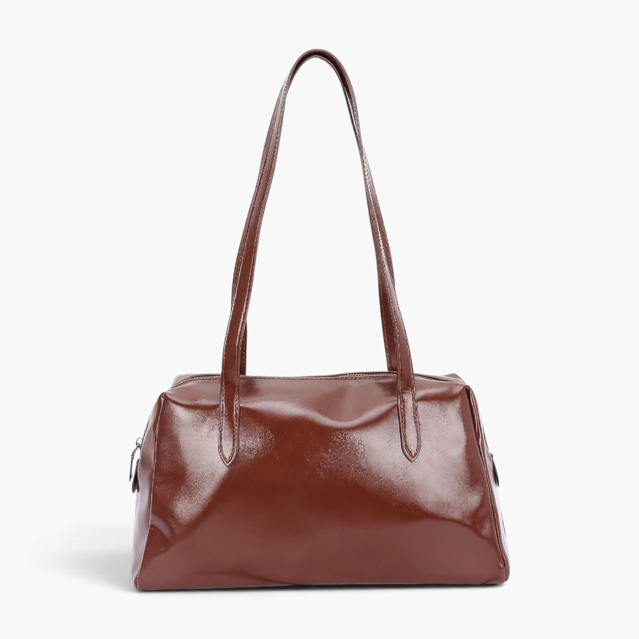 Beach Rose Co. brown faux leather sport bag with a sleek finish, long shoulder straps, and a secure zipper closure.