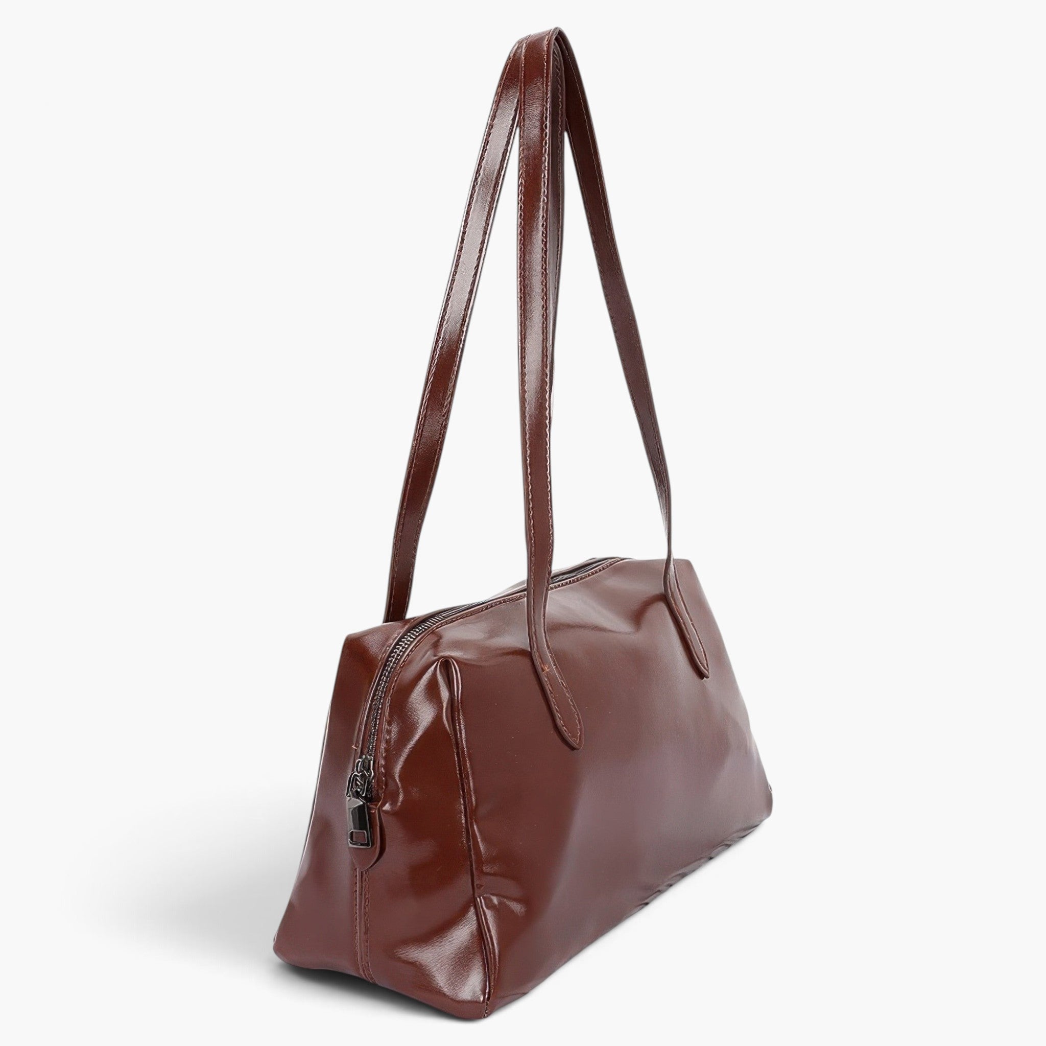 Beach Rose Co. brown faux leather sport bag with a secure zipper closure and shoulder straps on a white background.