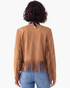 Beach Rose Co. brown faux suede jacket with long fringe detailing on the sleeves and hem, back view.