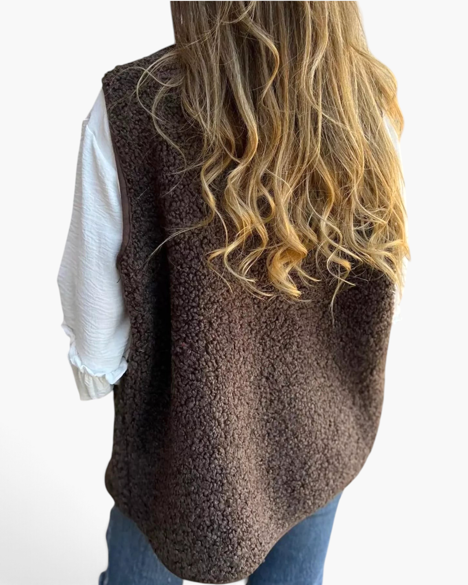 Beach Rose Co. brown polar fleece vest with a textured finish worn over a white long-sleeve shirt, back view.
