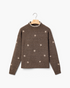 Beach Rose Co. brown knit sweater with cream floral embroidery and contrast stitching on the mock neck.