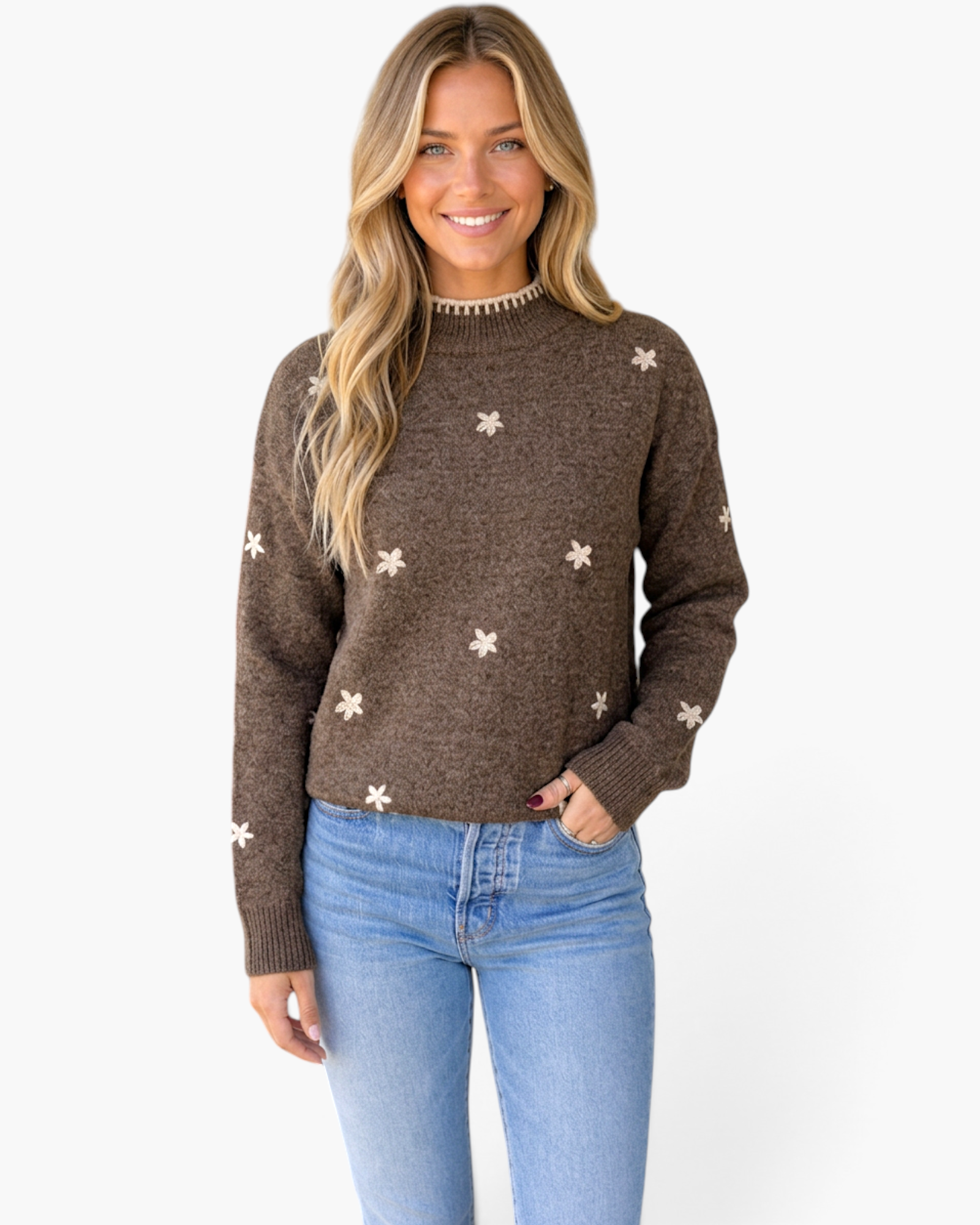 Beach Rose Co. brown knit sweater with cream floral embroidery and contrast stitching on the mock neck worn by a model