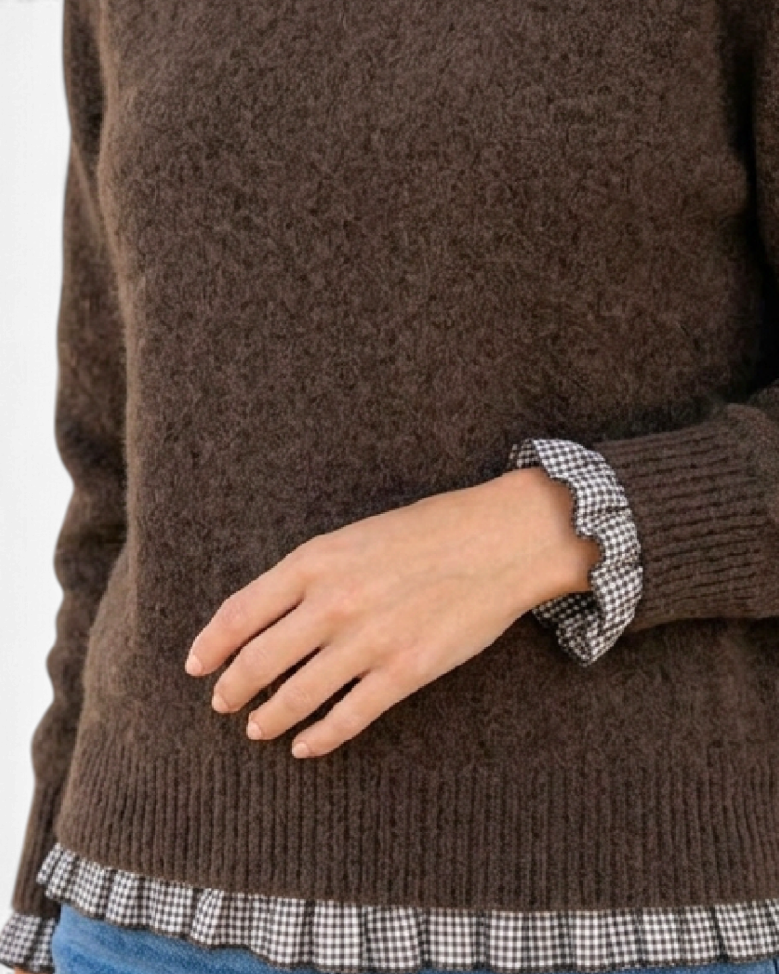 Beach Rose Co. brown textured knit sweater featuring a gingham ruffle trim at the cuffs and hem