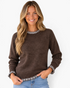 Beach Rose Co. brown textured knit crewneck sweater with gingham ruffle trim at the neckline, cuffs, and hem.