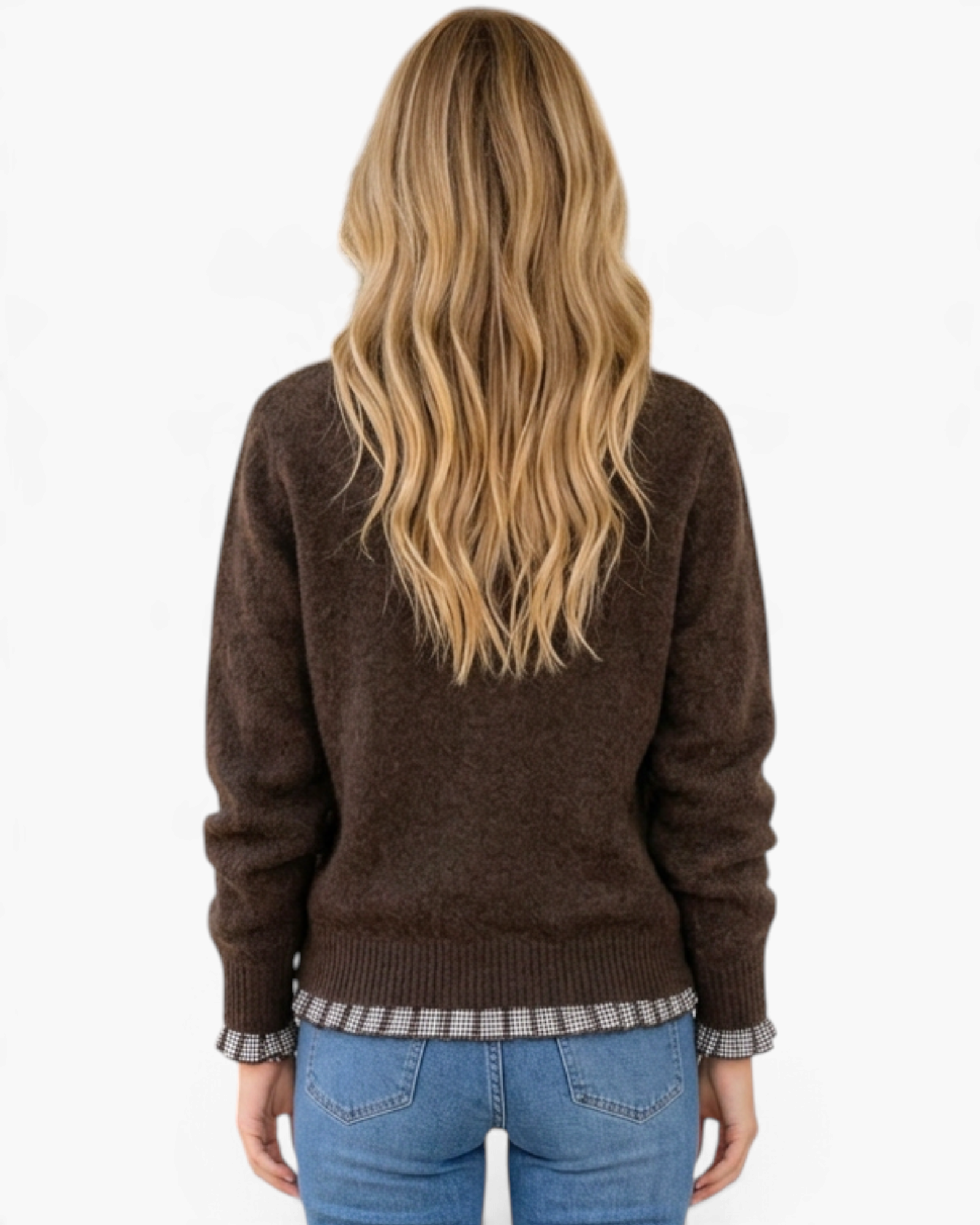 Beach Rose Co. brown textured knit sweater with gingham ruffle trim at the cuffs, worn by a woman from behind.