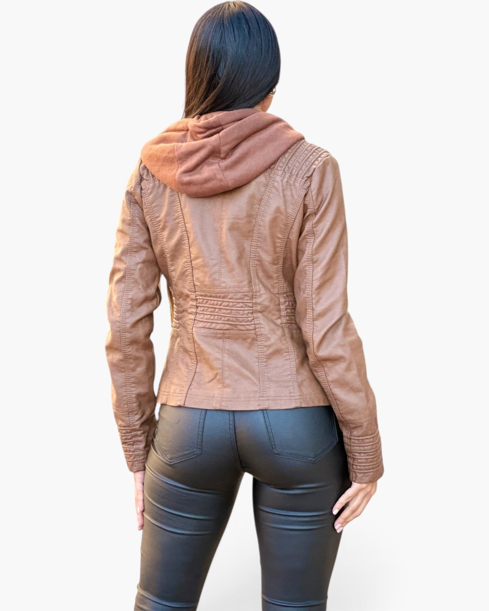 Beach Rose Co. brown faux leather jacket with a soft hood worn by a woman from the back view