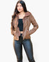 Beach Rose Co. brown faux leather jacket with an attached hood and front zipper worn by a woman with long dark hair.
