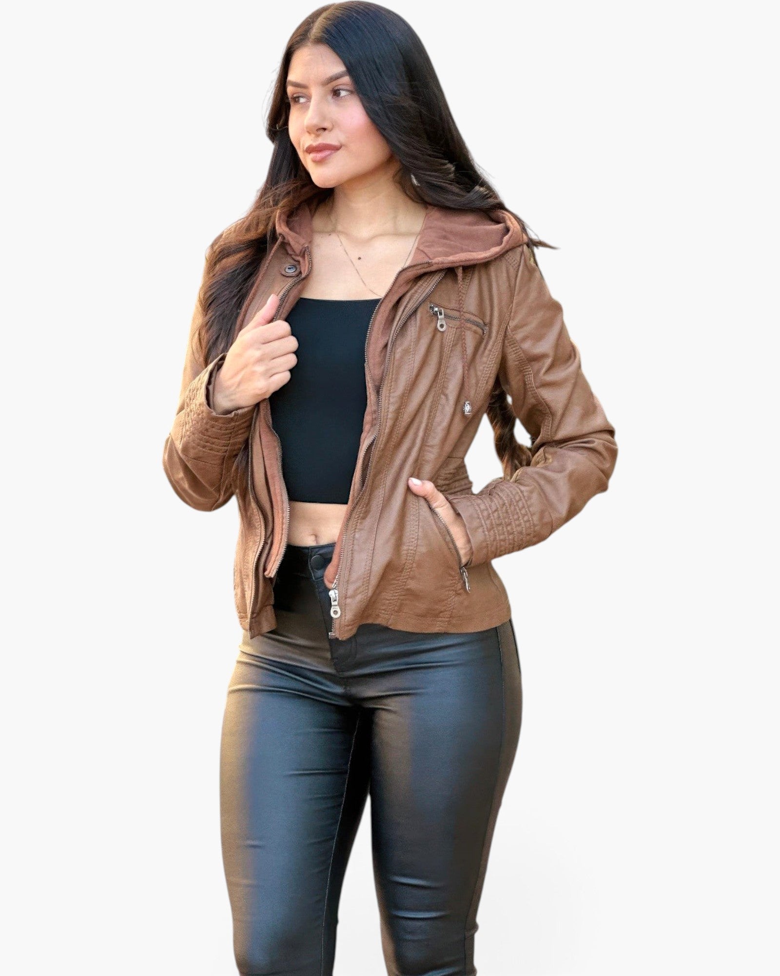 Beach Rose Co. brown faux leather jacket with an attached hood, worn by a model over a black top and leggings.