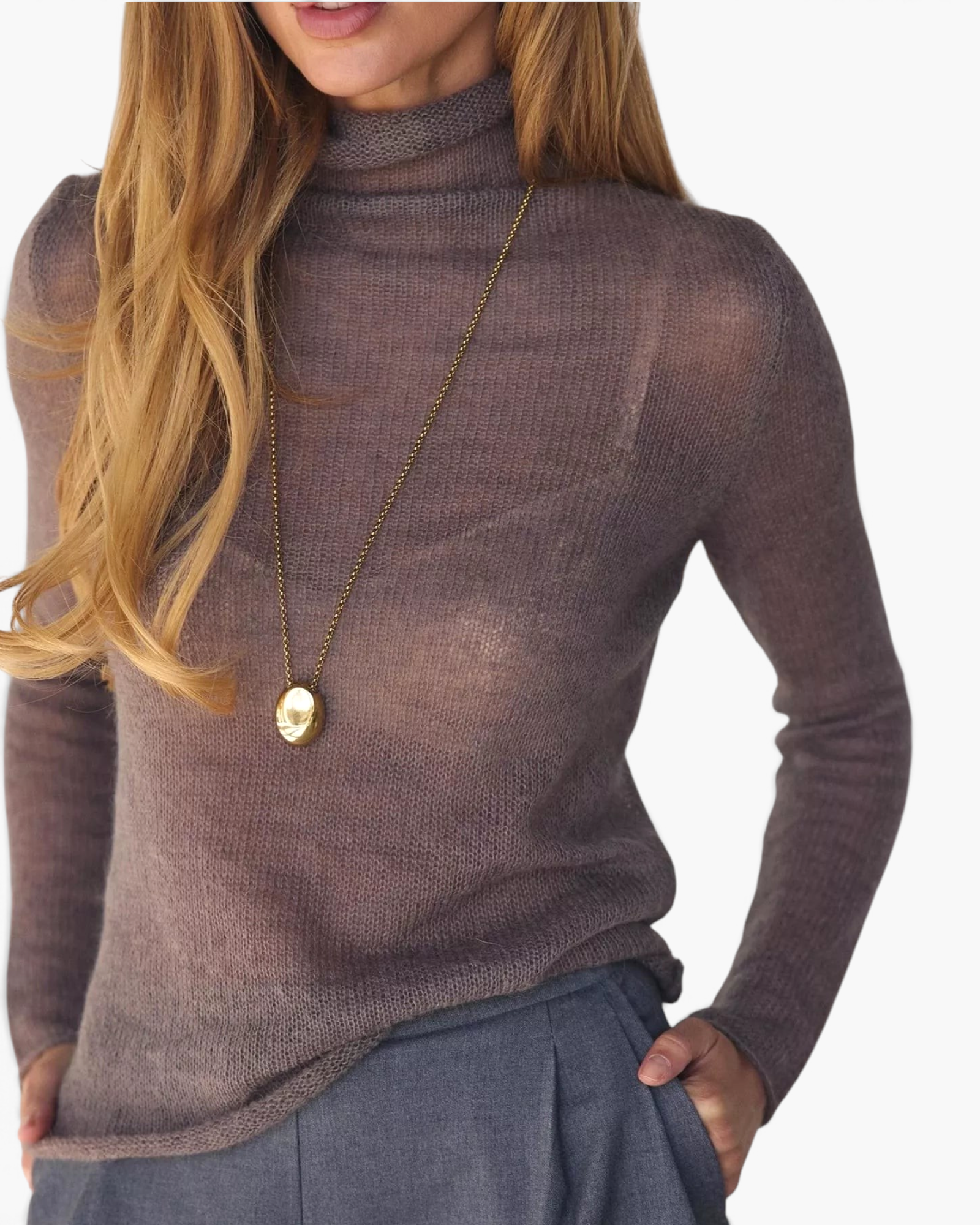 Beach Rose Co. fine knit brown long sleeve turtleneck sweater with ribbed edges worn with a gold pendant necklace