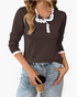 Beach Rose Co. brown knit sweater with white scalloped floral lace trim on the neckline, button placket, and cuffs.