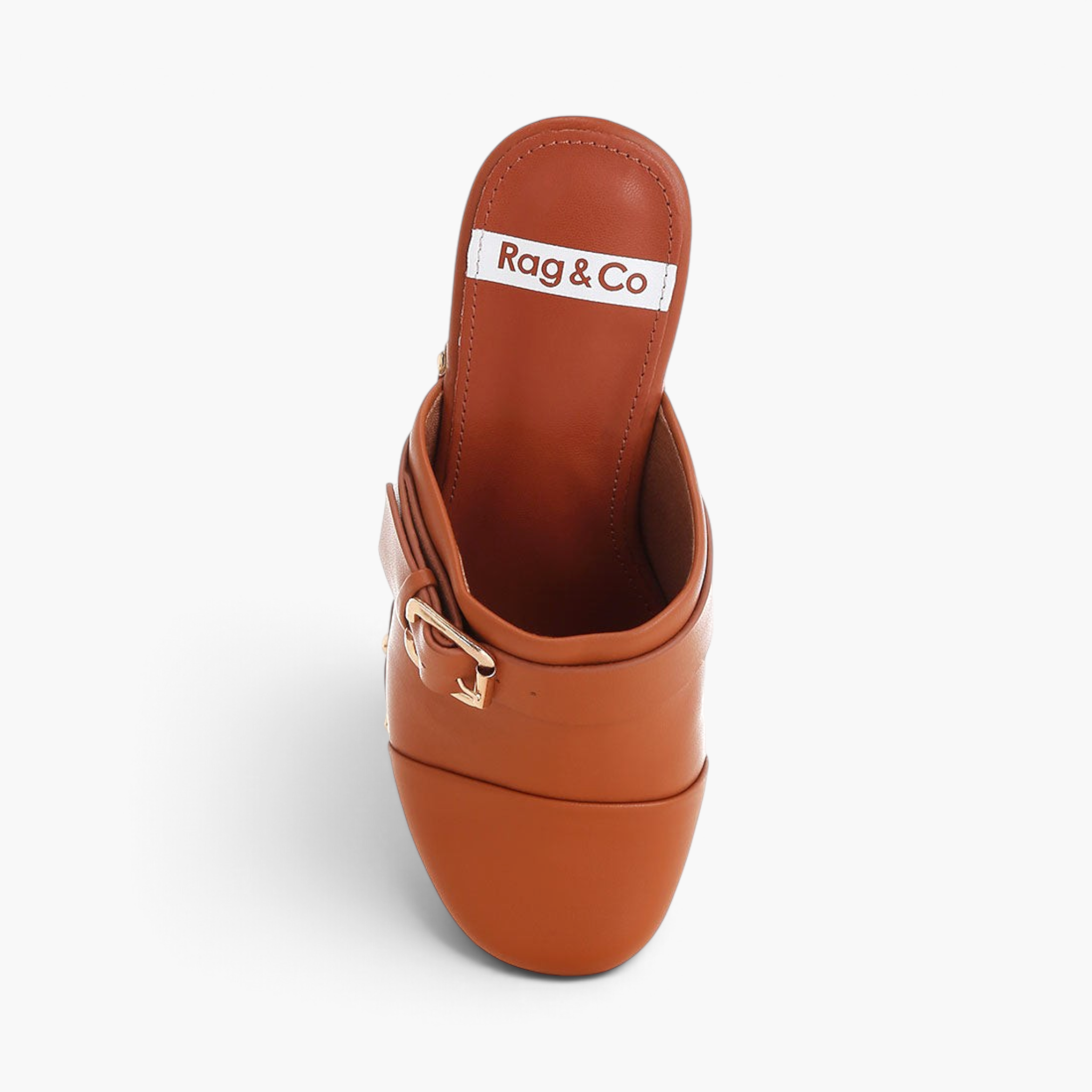 Beach Rose Co. brown leather clogs featuring a gold buckle, studded trim, and a chunky platform heel.