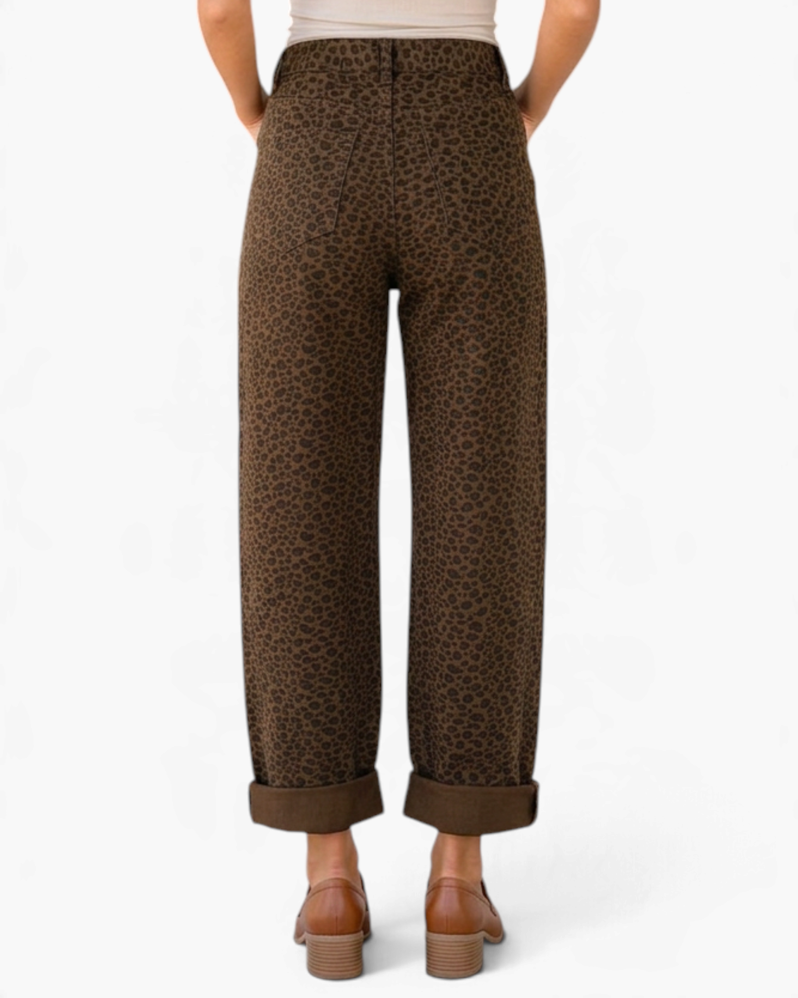 Beach Rose Co. brown leopard print wide-leg cotton blend pants with cuffed hems, back view on a model