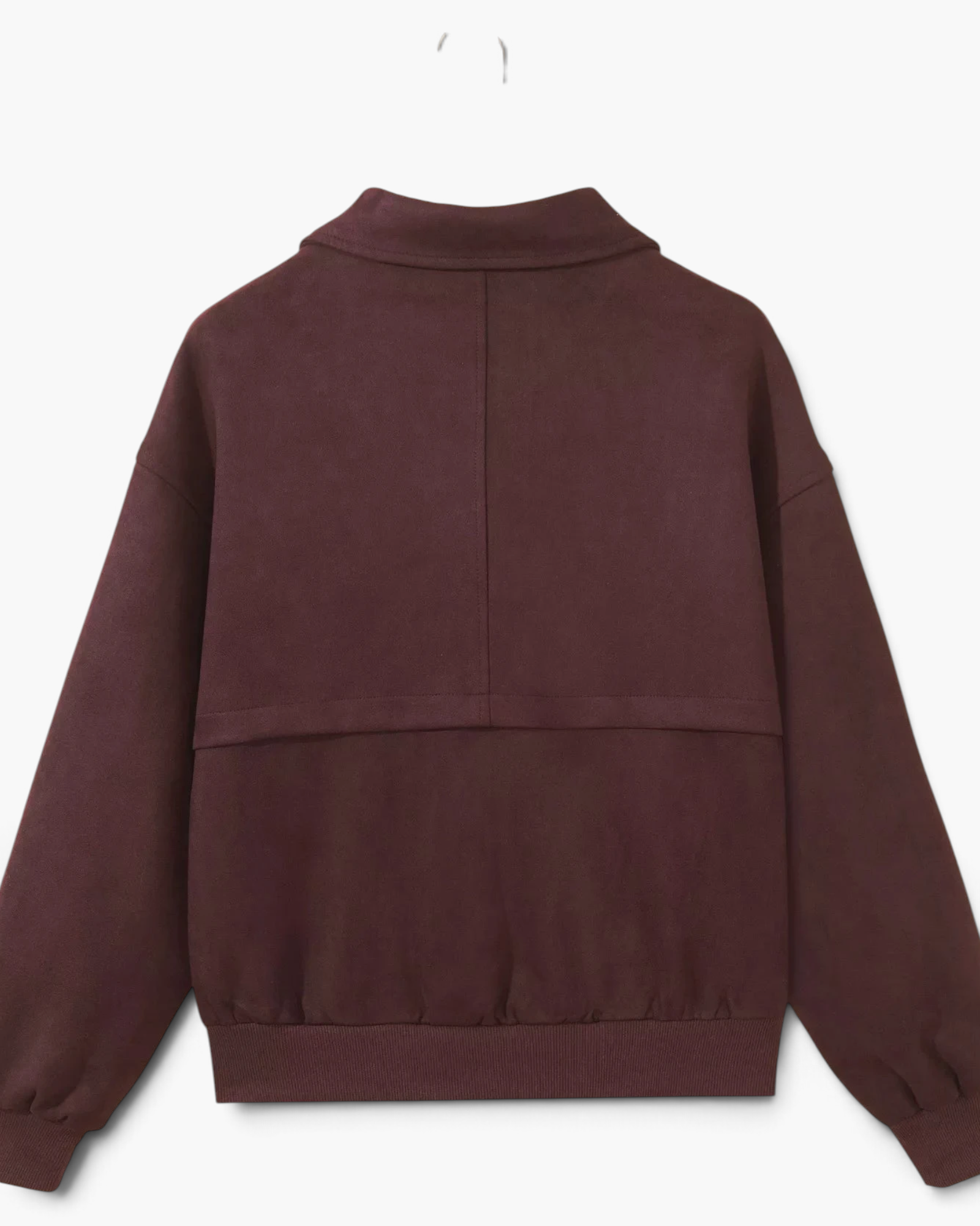 Beach Rose Co. dark brown long sleeve jacket with a collar and ribbed hem, back view.