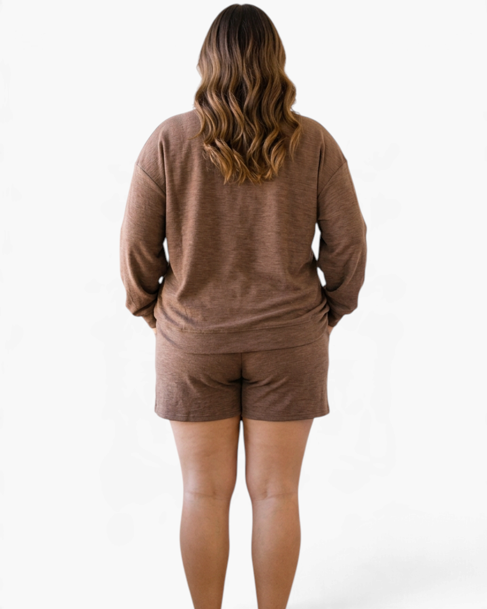 Beach Rose Co. plus size heathered brown lounge set featuring a long-sleeve crewneck sweatshirt and matching shorts.