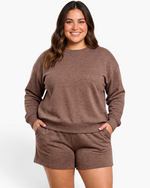 Beach Rose Co. plus size heathered brown lounge set featuring a crewneck sweatshirt and matching shorts with pockets.