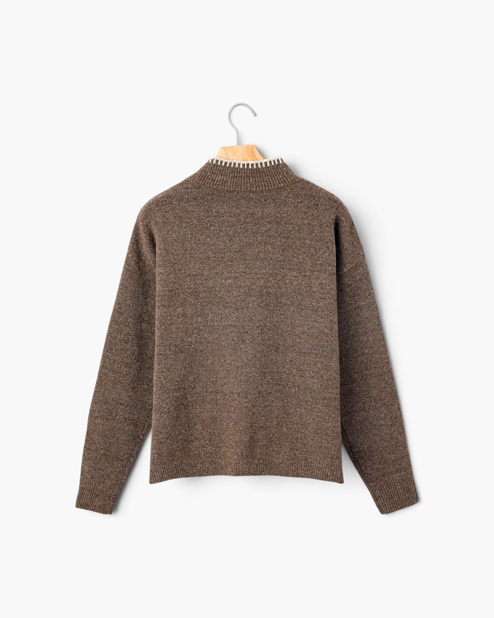 Beach Rose Co. chicory coffee brown knit sweater with a mock neck and contrast stitching, back view.