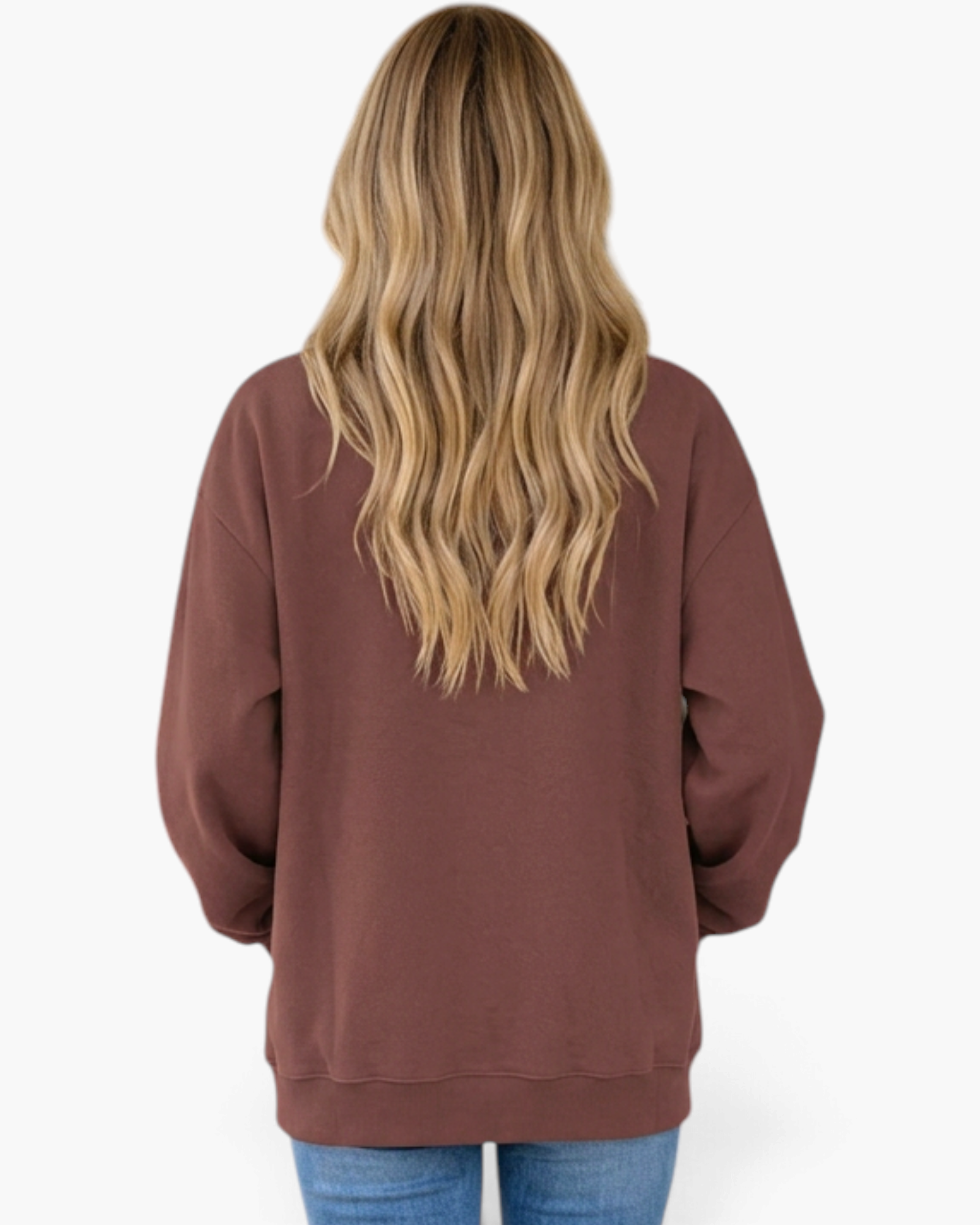 Back view of a woman wearing a Beach Rose Co. brown mock neck sweatshirt with dropped shoulders and ribbed hem.