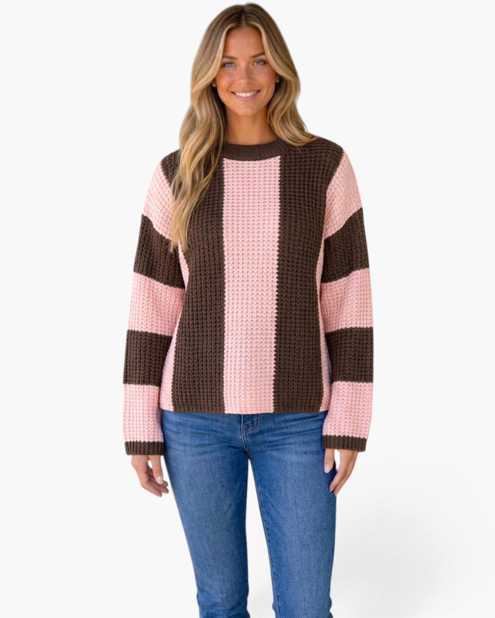 Beach Rose Co. brown and pink textured crewneck sweater with vertical body stripes and horizontal sleeve stripes.