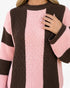 Beach Rose Co. brown and pink textured crewneck sweater with vertical body stripes and horizontal sleeve stripes.
