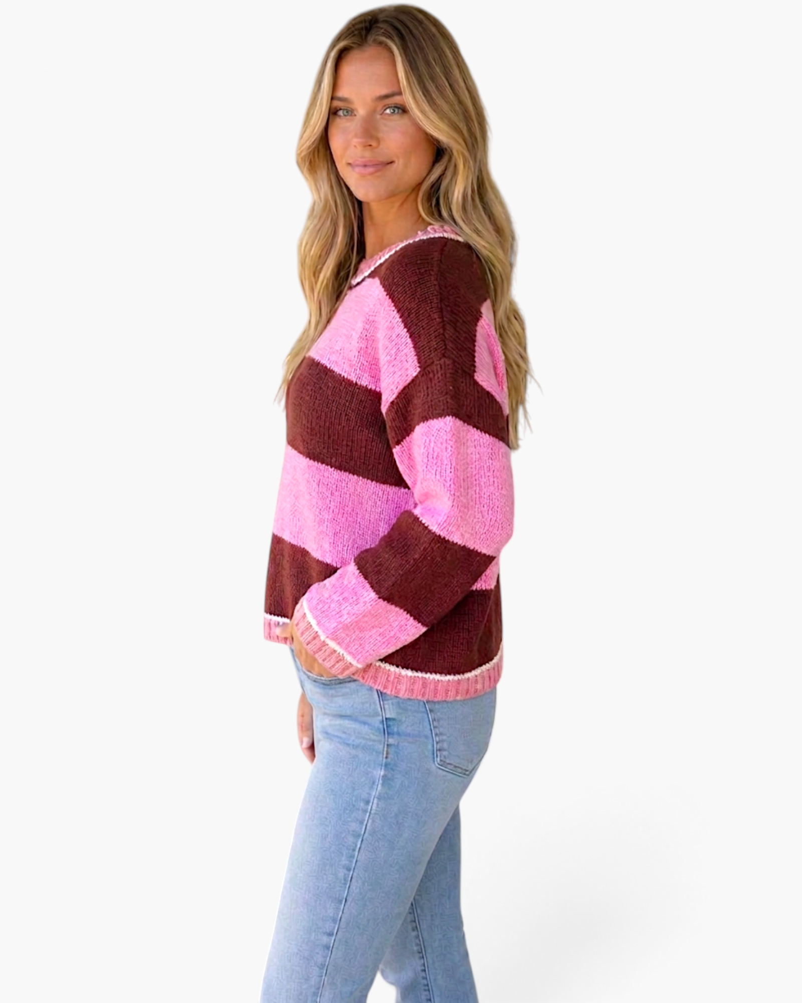 Beach Rose Co. Hana Fit knit sweater featuring brown and pink horizontal stripes, round neck, and drop shoulders.