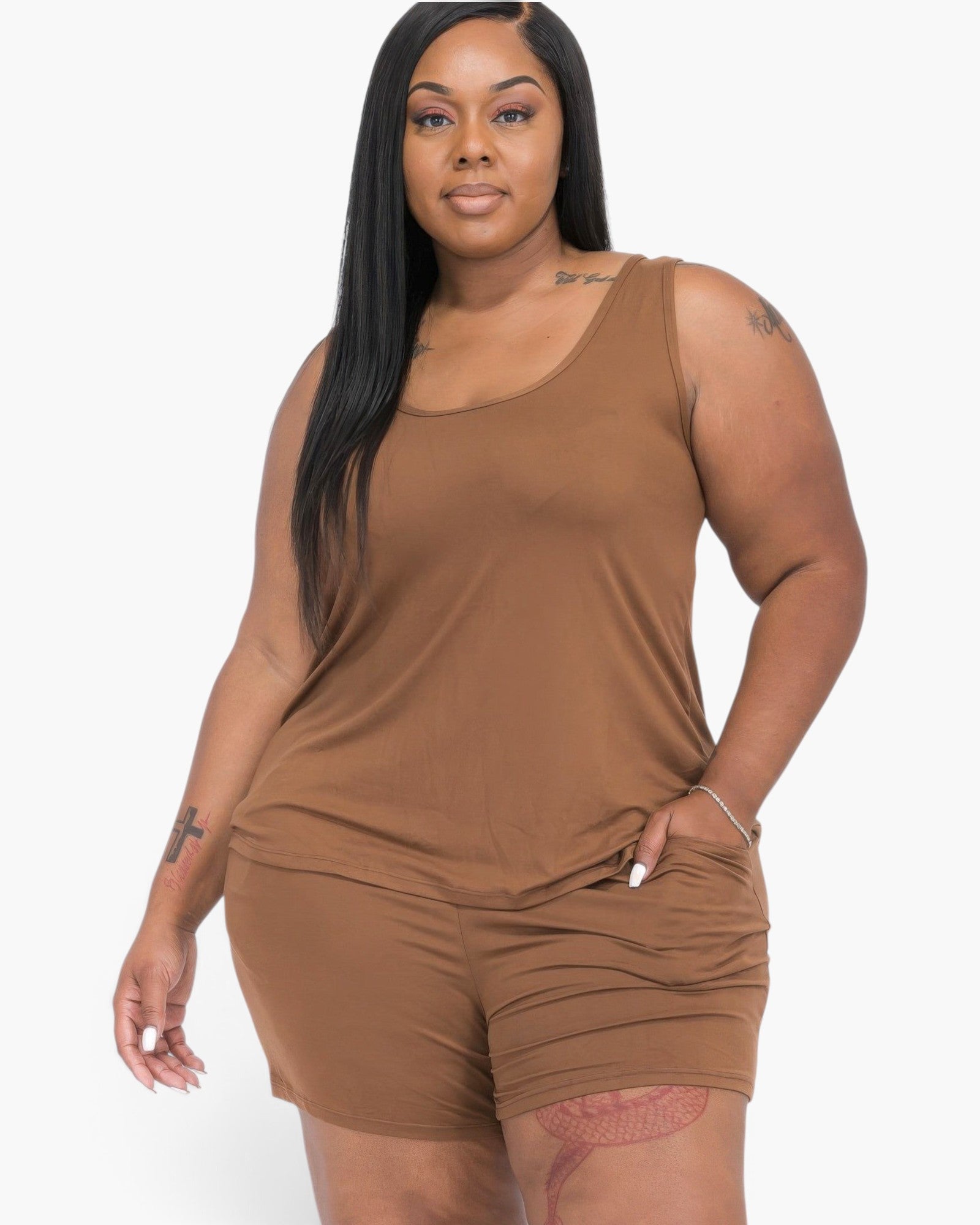 Beach Rose Co. plus size brown tank top and shorts lounge set on a model with long dark hair