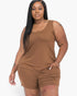 Beach Rose Co. plus size brown tank top and shorts lounge set on a model with long dark hair