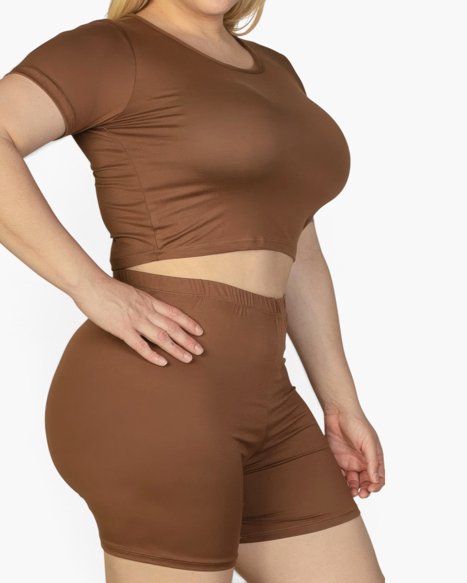 Beach Rose Co. plus size brown short sleeve crop top and matching shorts set in soft stretch jersey fabric