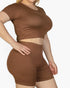 Beach Rose Co. plus size brown short sleeve crop top and matching shorts set in soft stretch jersey fabric